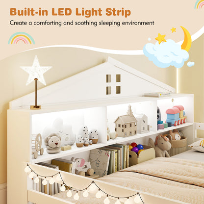Twin Size Montessori Floor Bed with Storage Compartments and Shelf-White