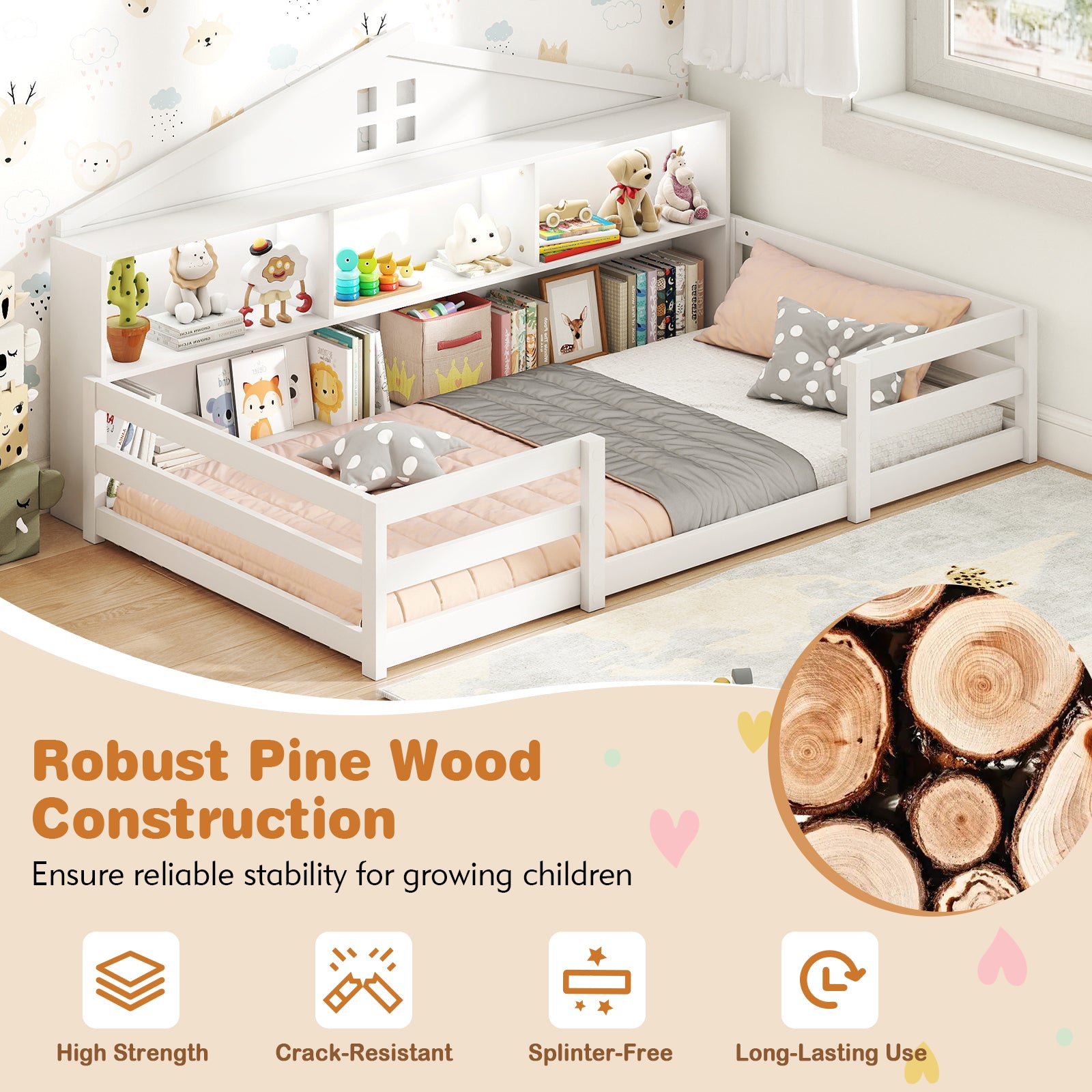 Twin Size Montessori Floor Bed with Storage Compartments and Shelf-White