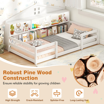 Twin Size Montessori Floor Bed with Storage Compartments and Shelf-White