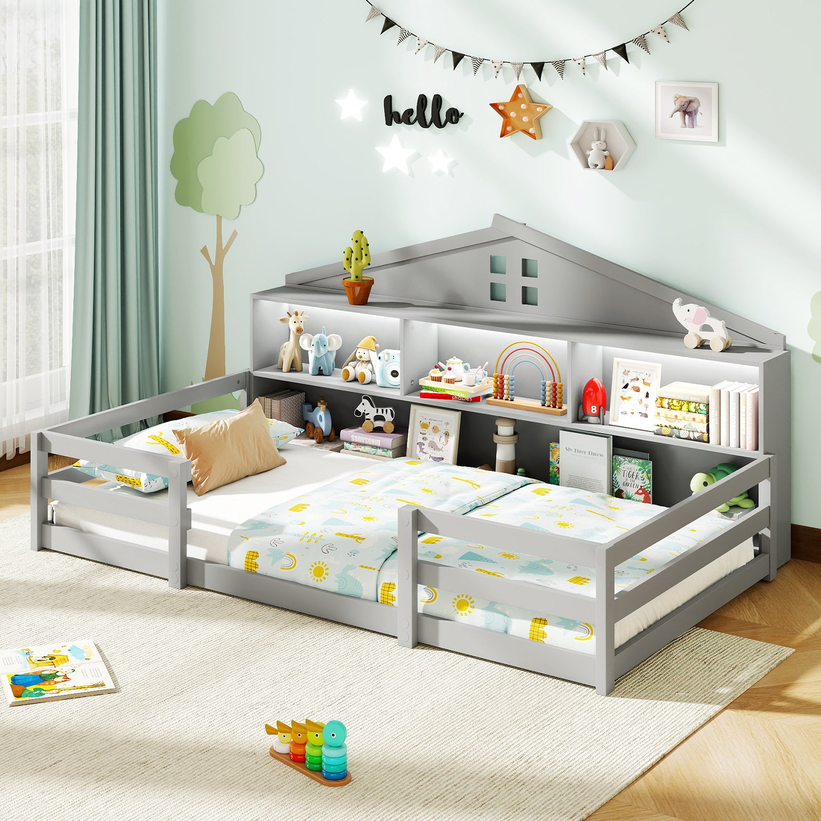 Twin Size Montessori Floor Bed with Storage Compartments and Shelf-Gray