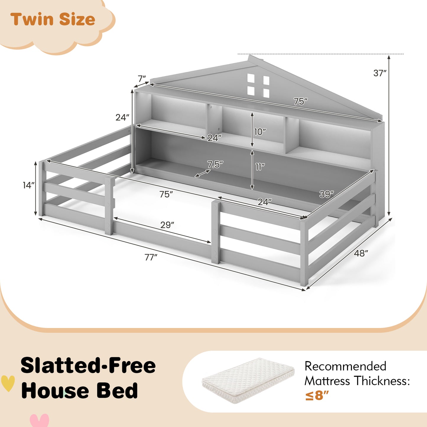 Twin Size Montessori Floor Bed with Storage Compartments and Shelf-Gray