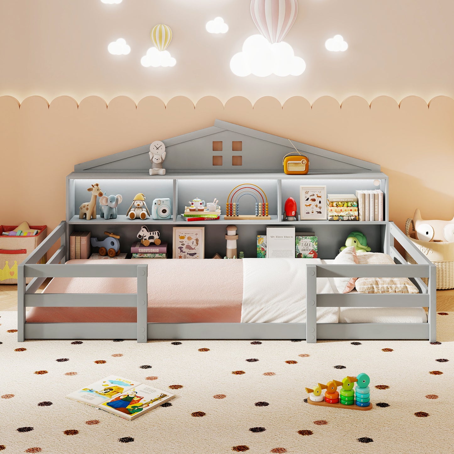 Twin Size Montessori Floor Bed with Storage Compartments and Shelf-Gray