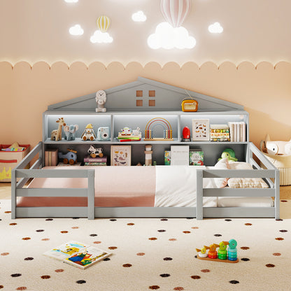 Twin Size Montessori Floor Bed with Storage Compartments and Shelf-Gray
