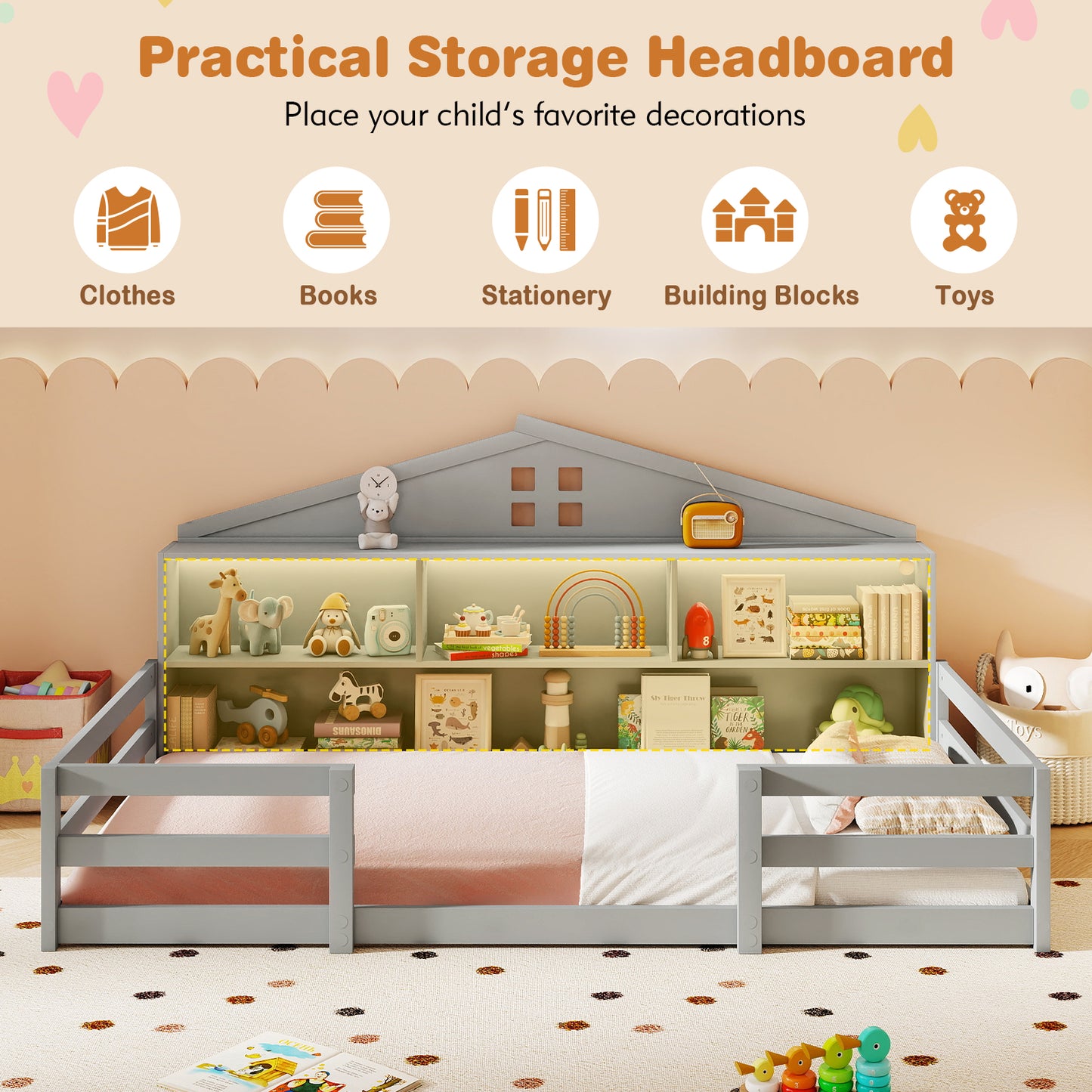 Twin Size Montessori Floor Bed with Storage Compartments and Shelf-Gray