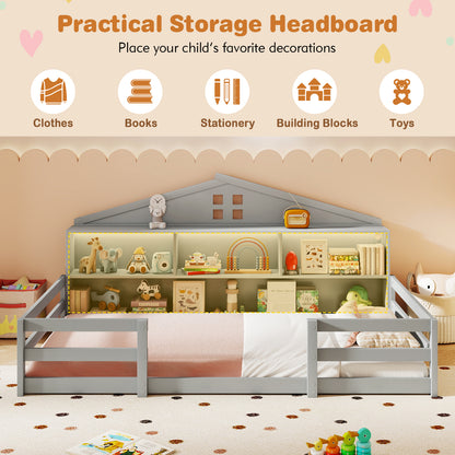 Twin Size Montessori Floor Bed with Storage Compartments and Shelf-Gray