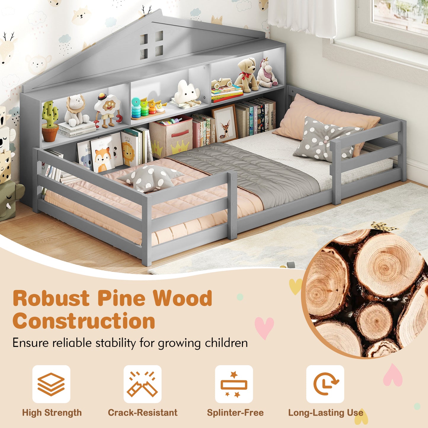 Twin Size Montessori Floor Bed with Storage Compartments and Shelf-Gray