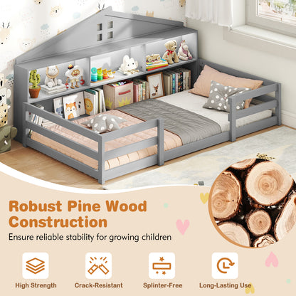 Twin Size Montessori Floor Bed with Storage Compartments and Shelf-Gray