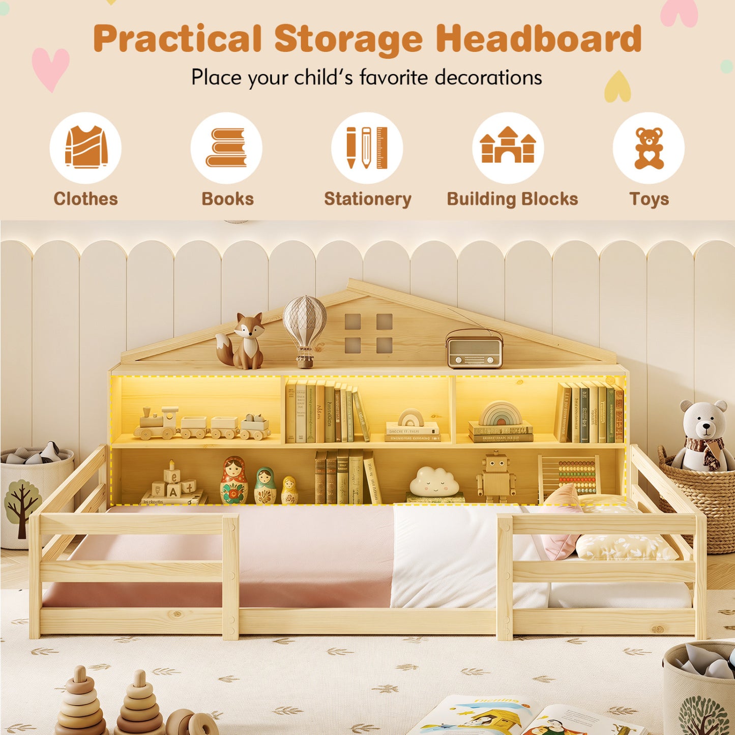 Twin Montessori Floor Bed with Storage and LED Lights