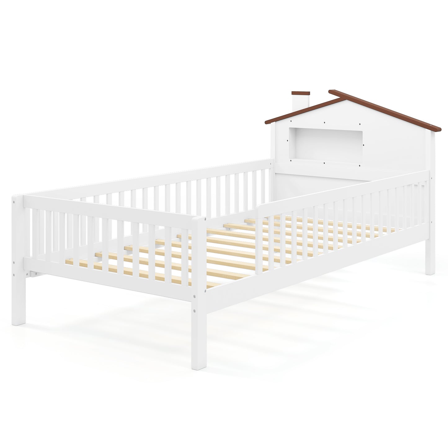 Twin Size Kids Montessori Bed with House-Shaped Headboard and Built-in Storage Shelf-White - White