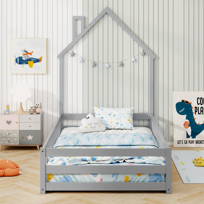 Twin Size Montessori Floor Bed with Lockable Door and Full-Length Guardrail