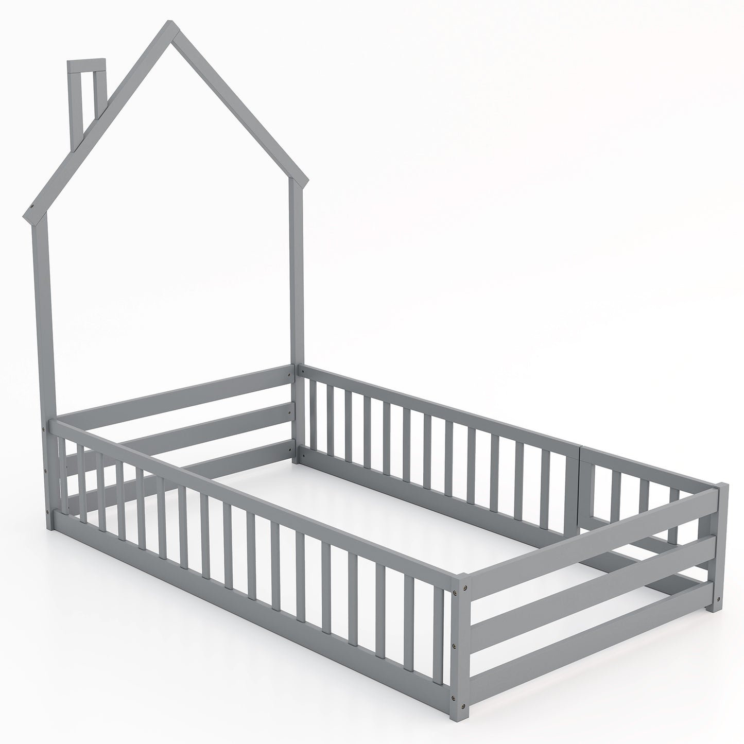 Twin Size Montessori Floor Bed with Lockable Door and Full-Length Guardrail