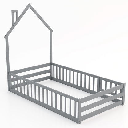 Twin Size Montessori Floor Bed with Lockable Door and Full-Length Guardrail