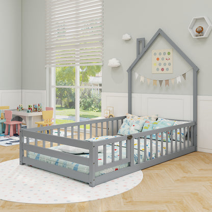 Twin Size Montessori Floor Bed with Lockable Door and Full-Length Guardrail