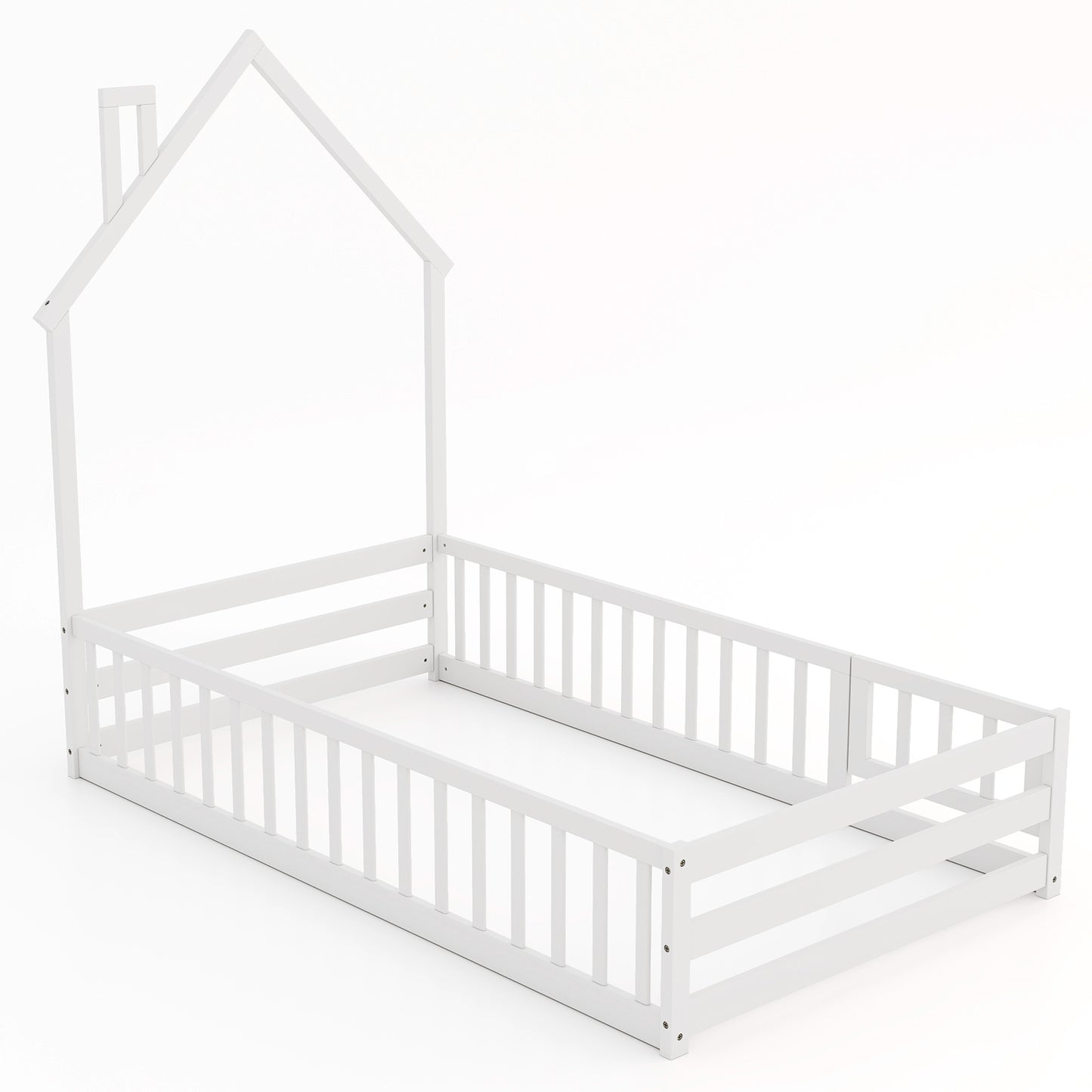 Twin Size Montessori Floor Bed with Lockable Door and Full-Length Guardrail-Gray - White