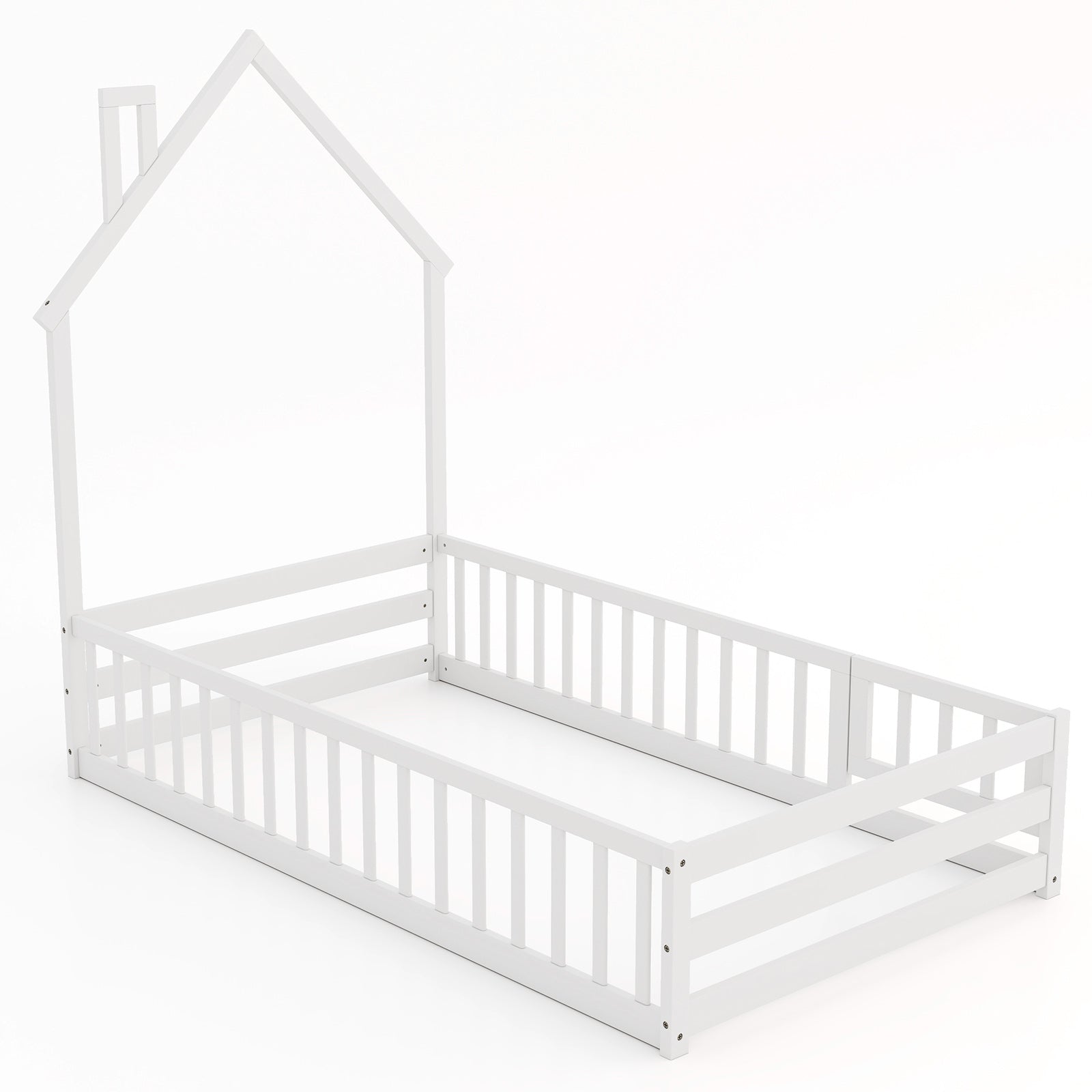 Twin Size Montessori Floor Bed with Lockable Door and Full-Length Guardrail-Gray - White