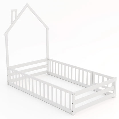 Twin Size Montessori Floor Bed with Lockable Door and Full-Length Guardrail-Gray - White
