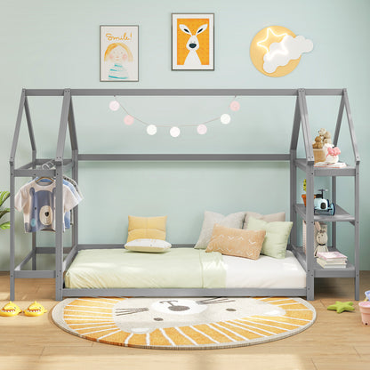 Twin Size Montessori Floor House Bed with Detachable Storage Shelves