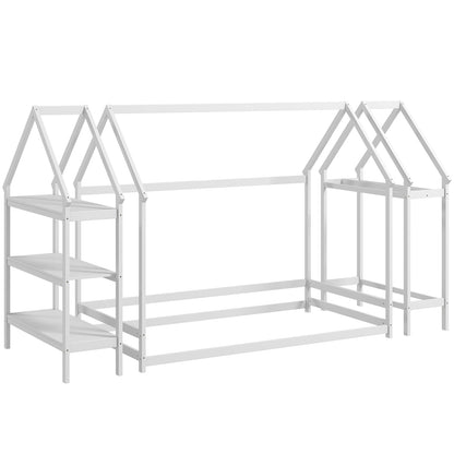 Twin Size Montessori Floor House Bed with Detachable Storage Shelves-White - White