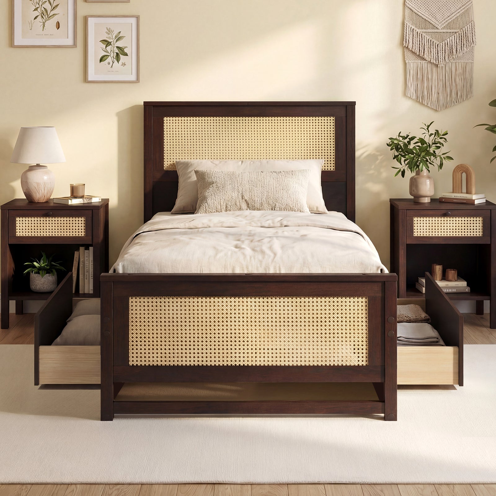 Twin Size Rattan Bed Frame with Storage Drawers-Coffee