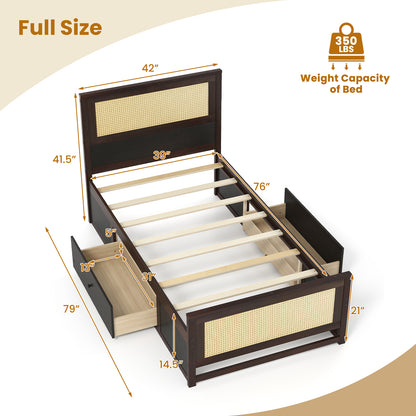 Twin Size Rattan Bed Frame with Storage Drawers-Coffee