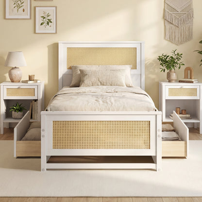 Twin Size Rattan Bed Frame with Storage Drawers-White