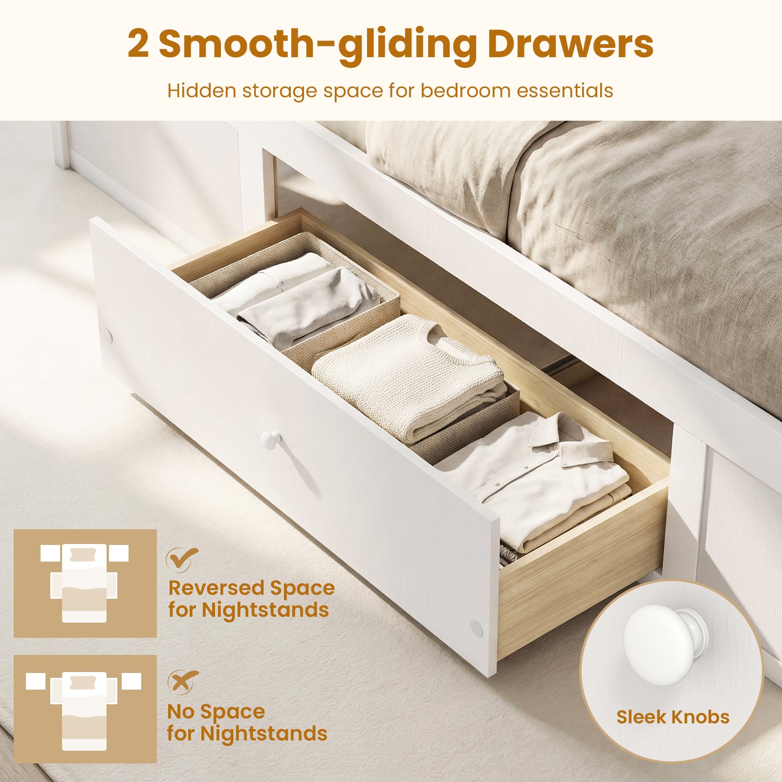 Twin Size Rattan Bed Frame with Storage Drawers-White