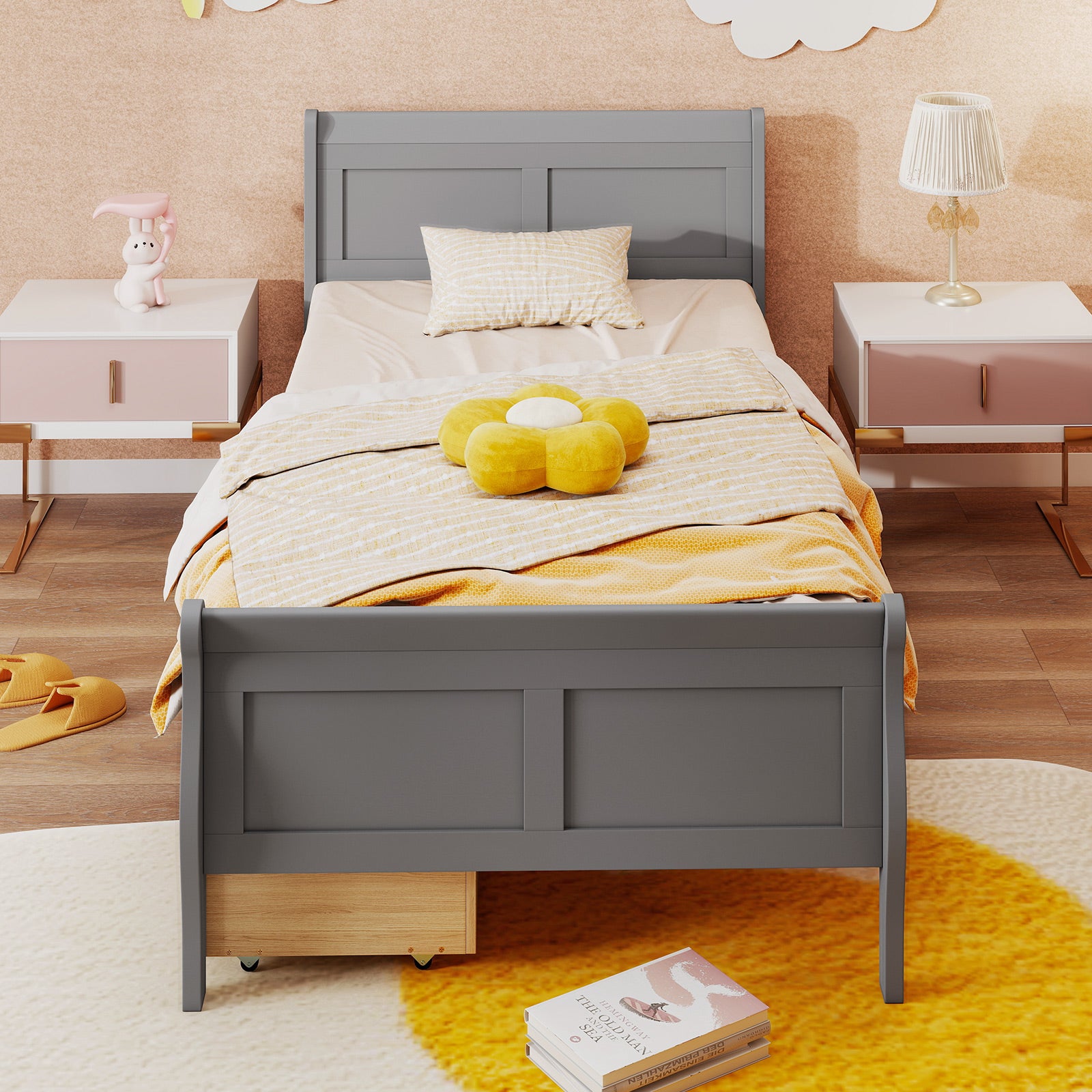Twin Size Sleigh Bed with 2 Storage Drawers Wood Platform Bed Frame-Gray