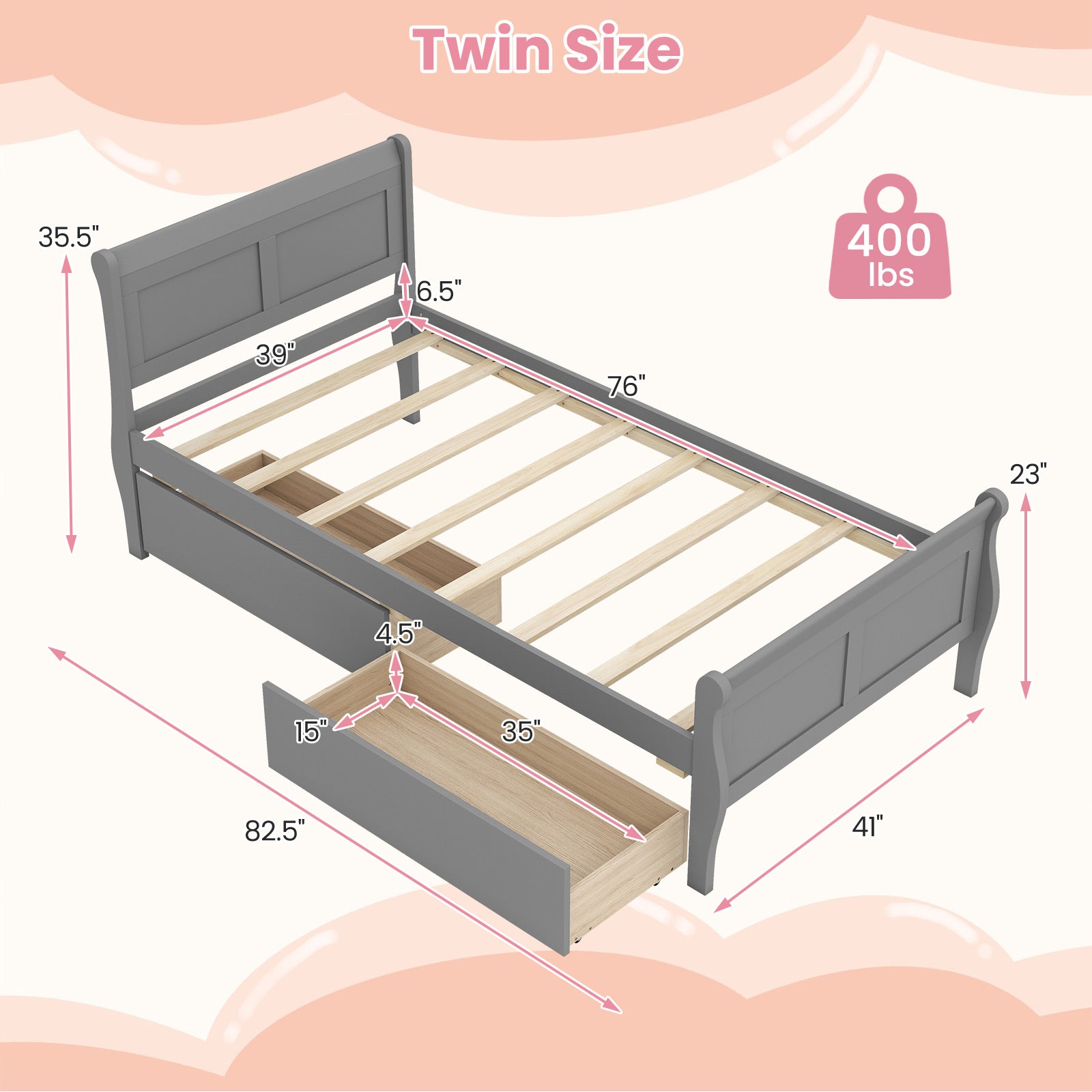 Twin Size Sleigh Bed with 2 Storage Drawers Wood Platform Bed Frame-Gray