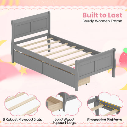 Twin Size Sleigh Bed with 2 Storage Drawers Wood Platform Bed Frame-Gray