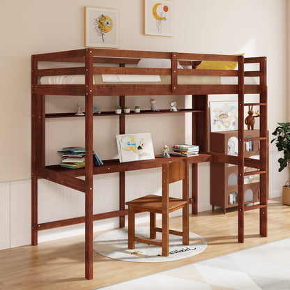 Twin Size Solid Wood Slatted Loft Bed Frame with Safety Guardrail for Kid