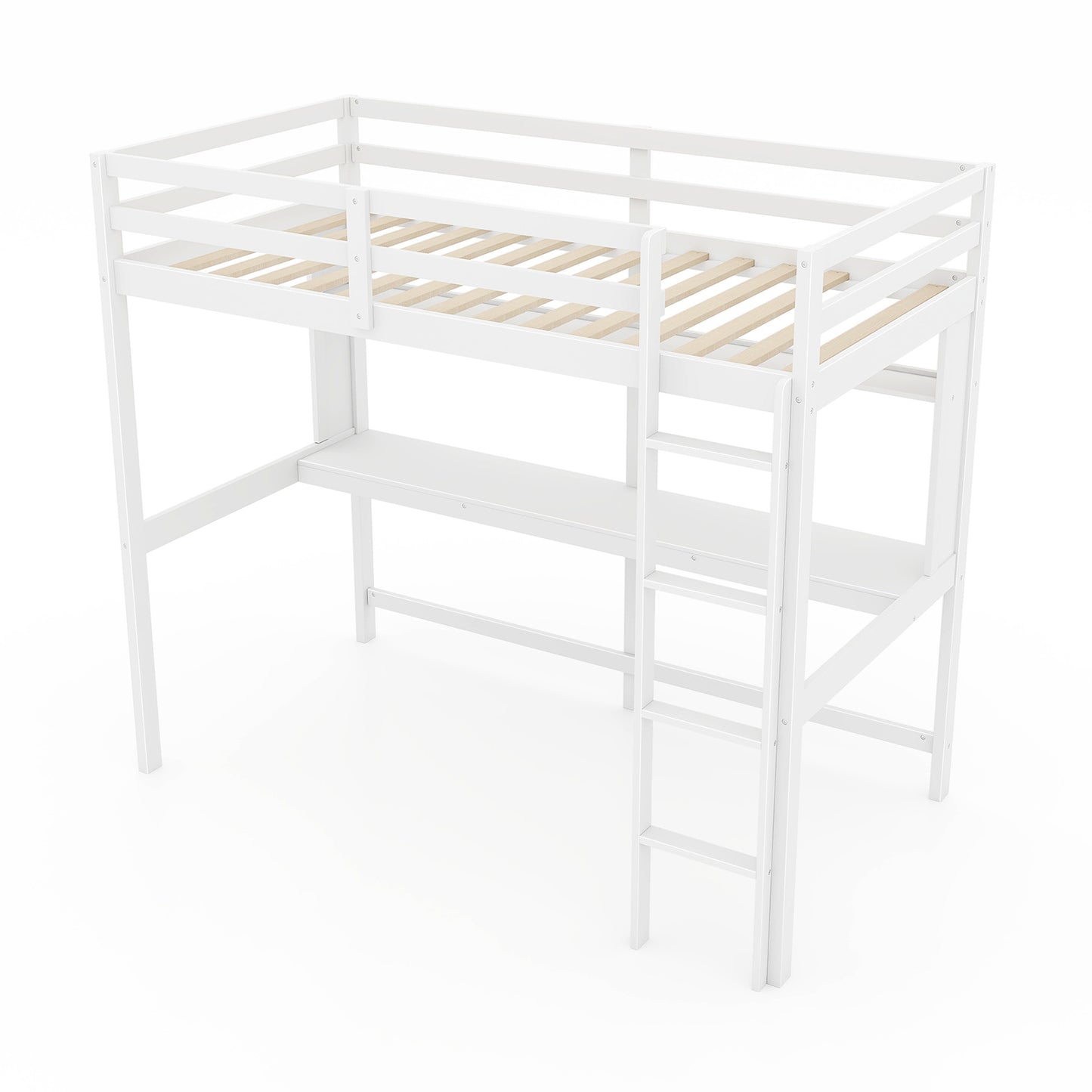 Twin Size Solid Wood Slatted Loft Bed Frame with Safety Guardrail for Kid-White - White