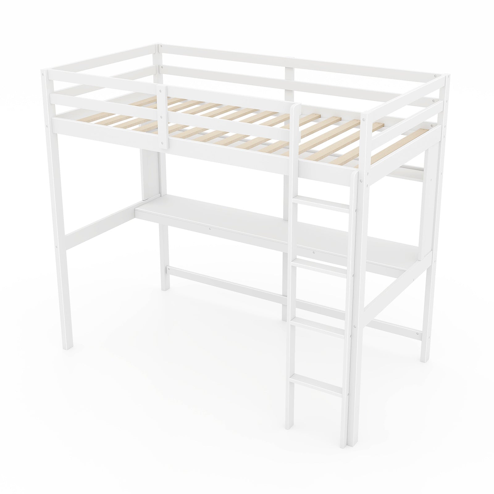 Twin Size Solid Wood Slatted Loft Bed Frame with Safety Guardrail for Kid-White - White