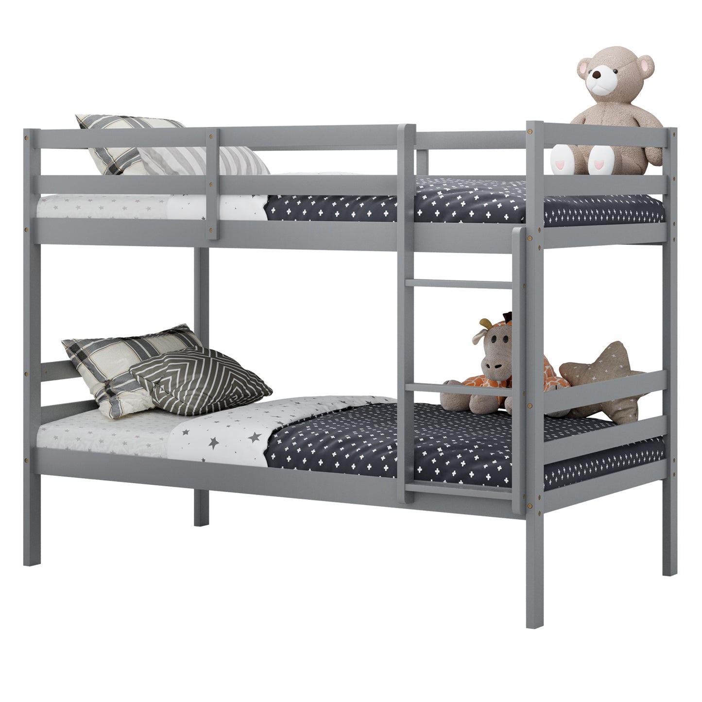 Twin Bunk Bed Children Wooden Bunk Beds Solid Hardwood-Brown - Gray