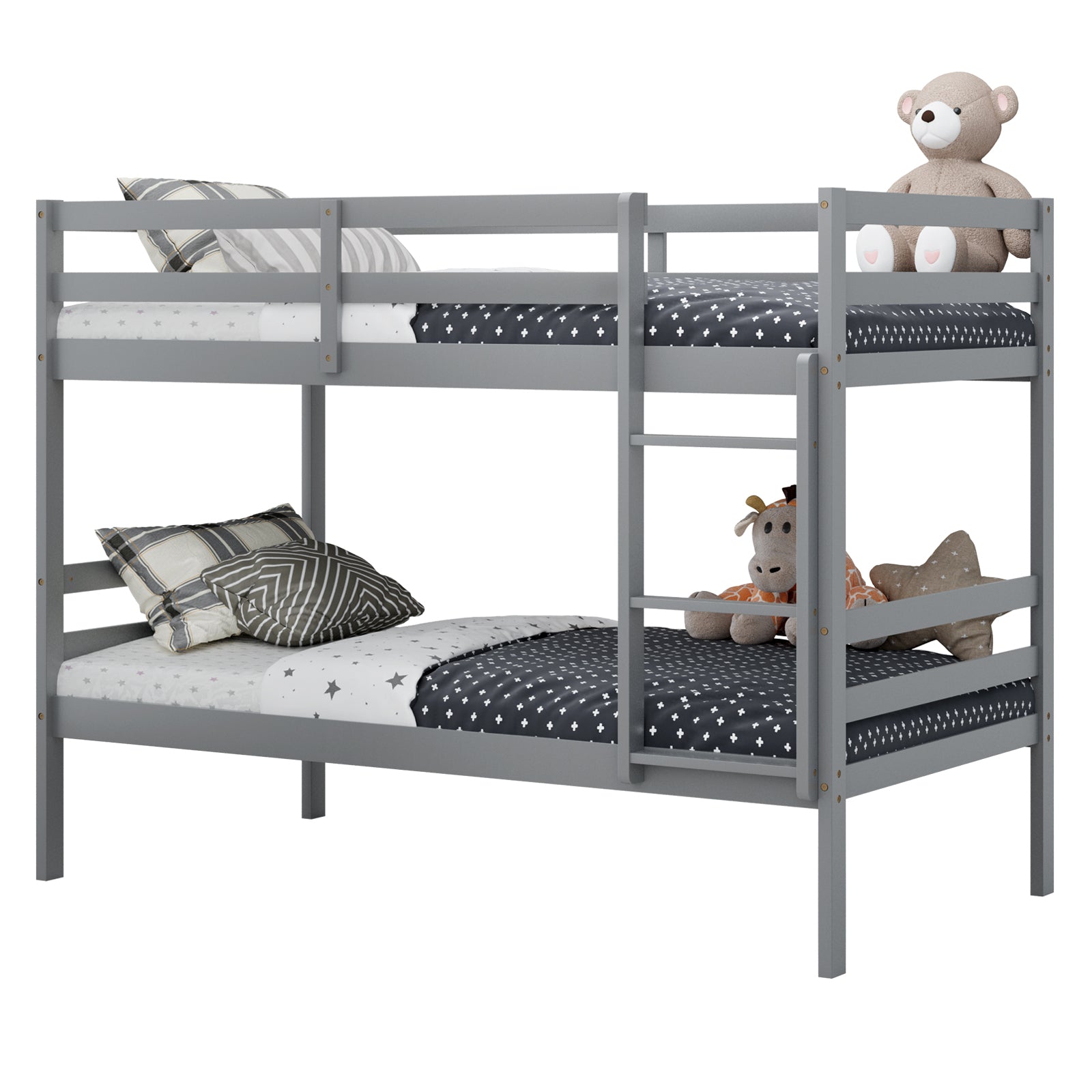 Twin Bunk Bed Children Wooden Bunk Beds Solid Hardwood-Brown - Gray