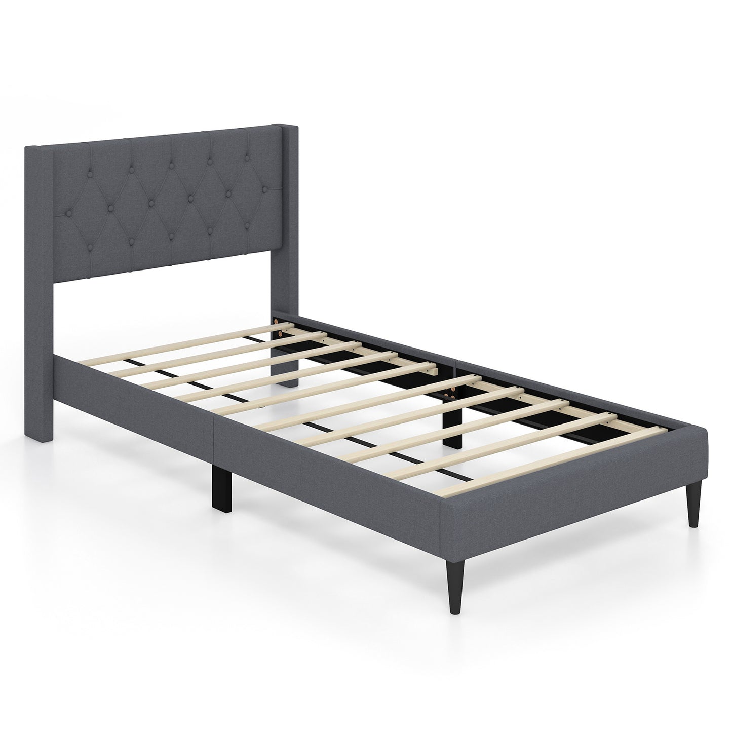 Twin Size Upholstered Platform Bed with Button Tufted Wingback Headboard-Blue - Gray