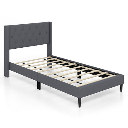 Twin Size Upholstered Platform Bed with Button Tufted Wingback Headboard-Blue - Gray