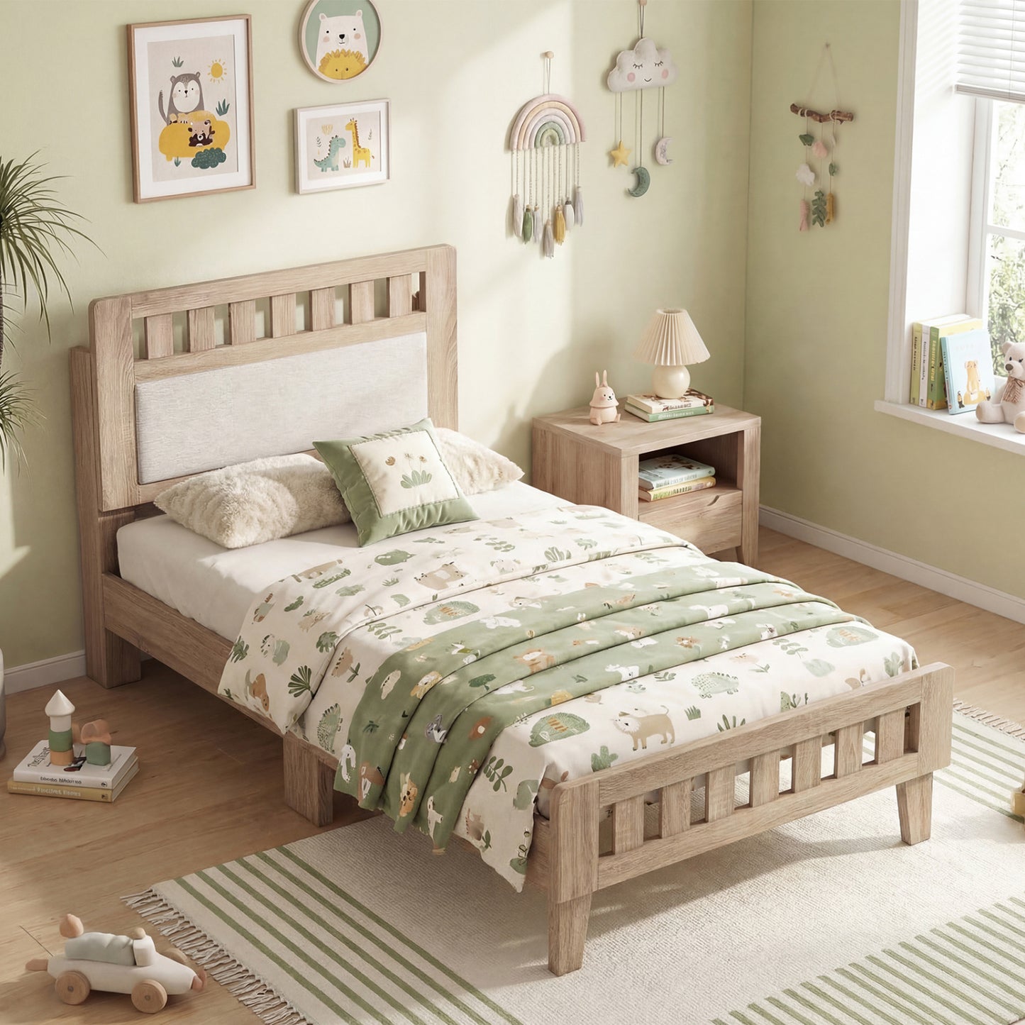 Twin Size Wood Bed Frame with Upholstered Headboard Mid Century Style