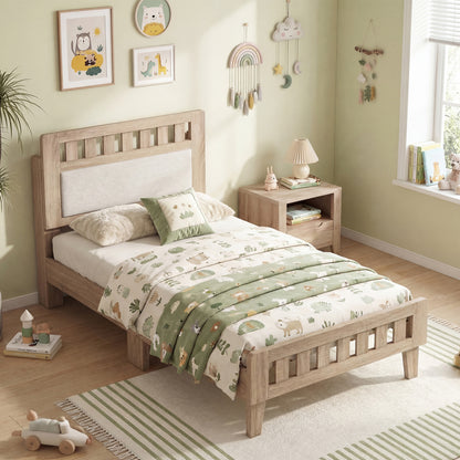 Twin Size Wood Bed Frame with Upholstered Headboard Mid Century Style