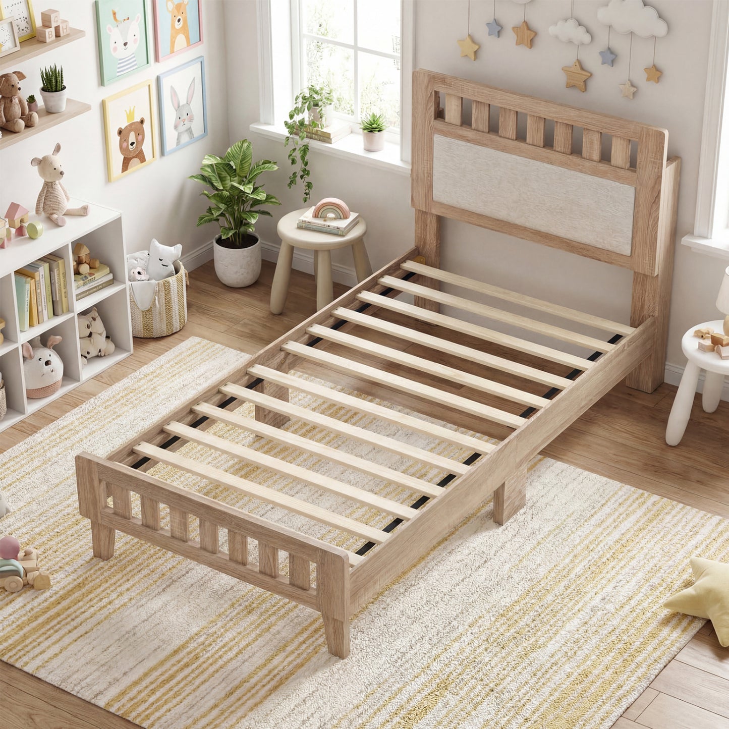 Twin Size Wood Bed Frame with Upholstered Headboard Mid Century Style