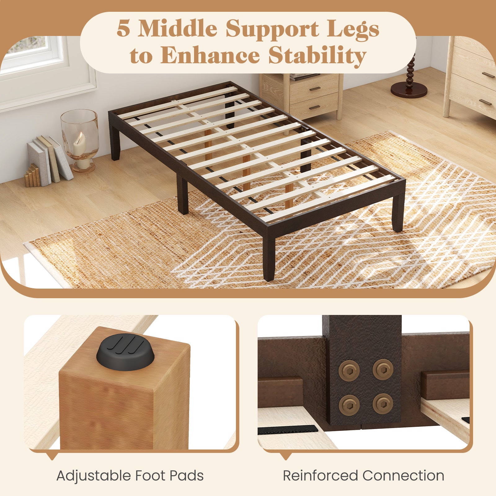 14 Inch Twin Wood Platform Bed Frame with Wooden Slats Support-Espresso