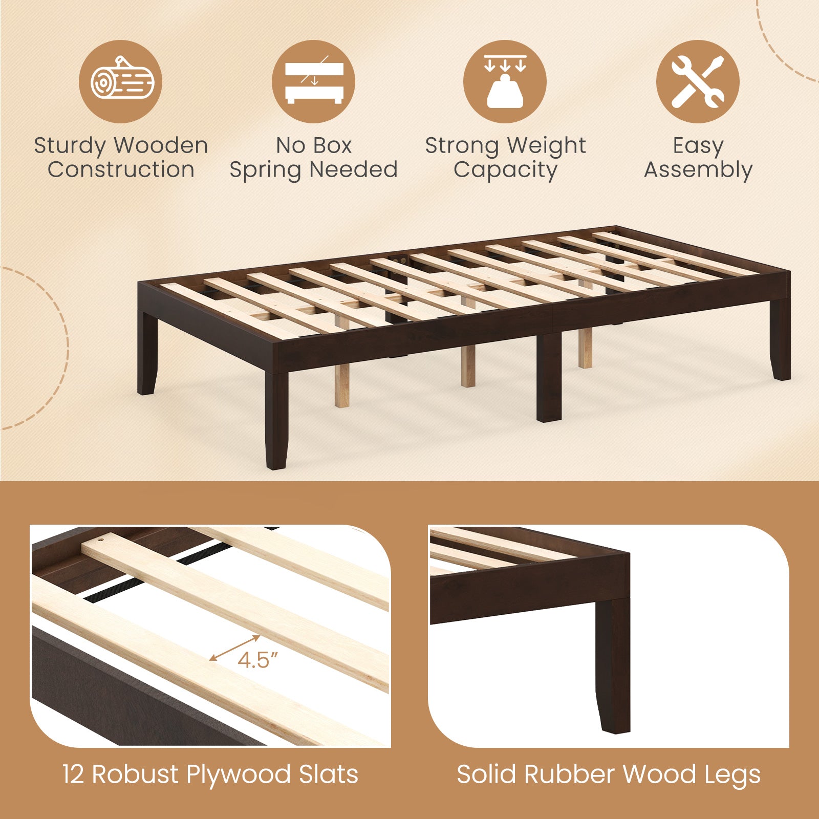 14 Inch Twin Wood Platform Bed Frame with Wooden Slats Support-Espresso