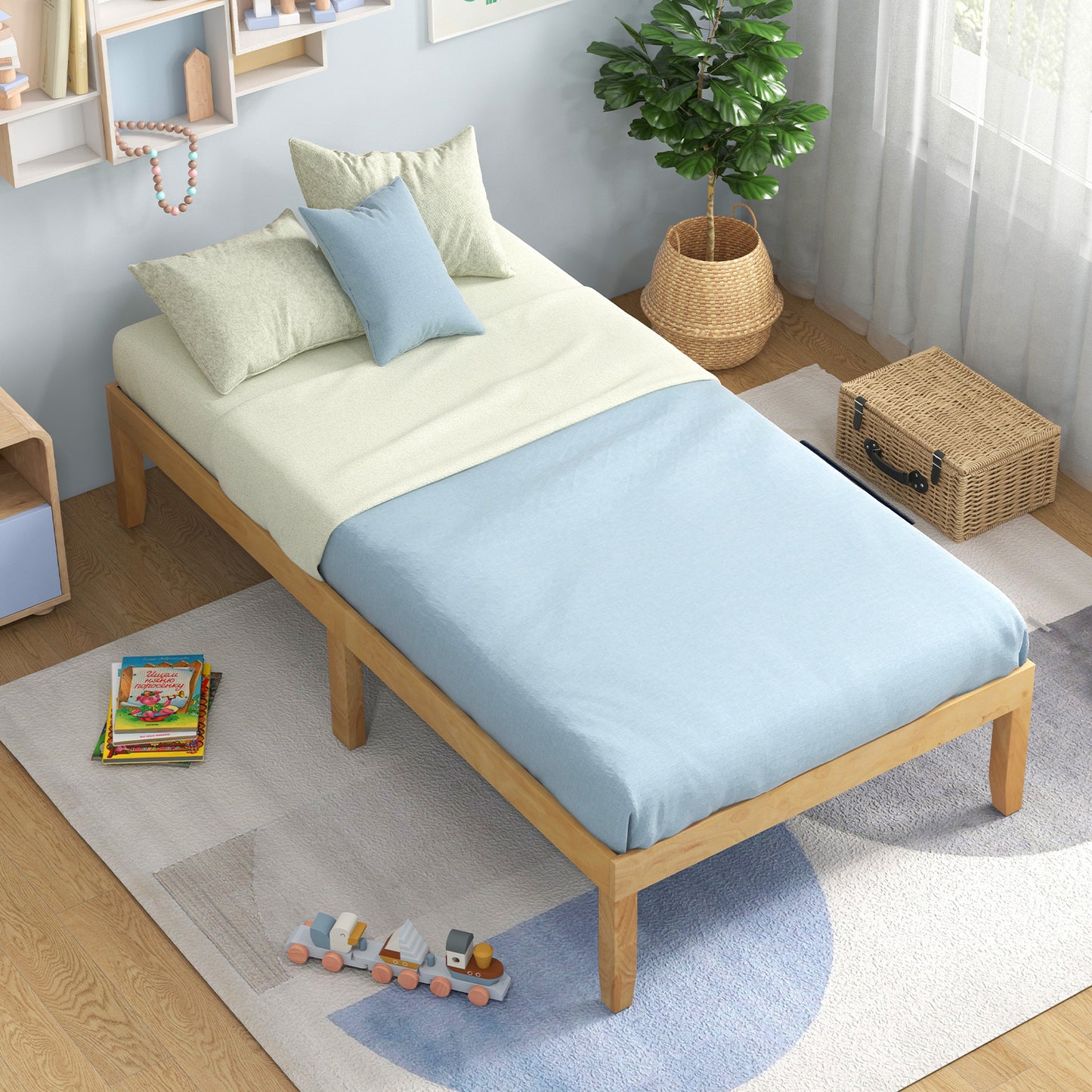14 Inch Twin Wood Platform Bed Frame with Wooden Slats Support-Natural