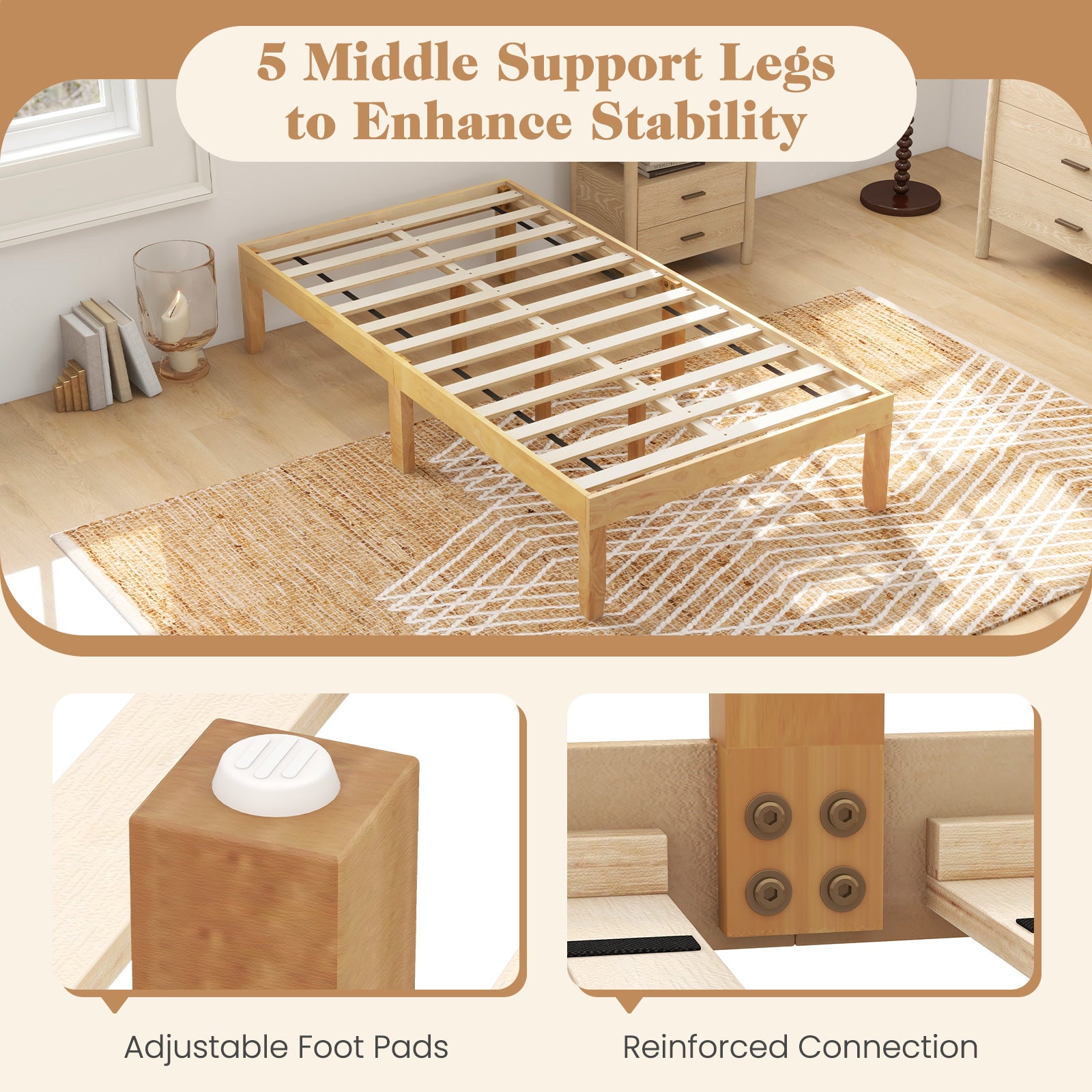 14 Inch Twin Wood Platform Bed Frame with Wooden Slats Support-Natural