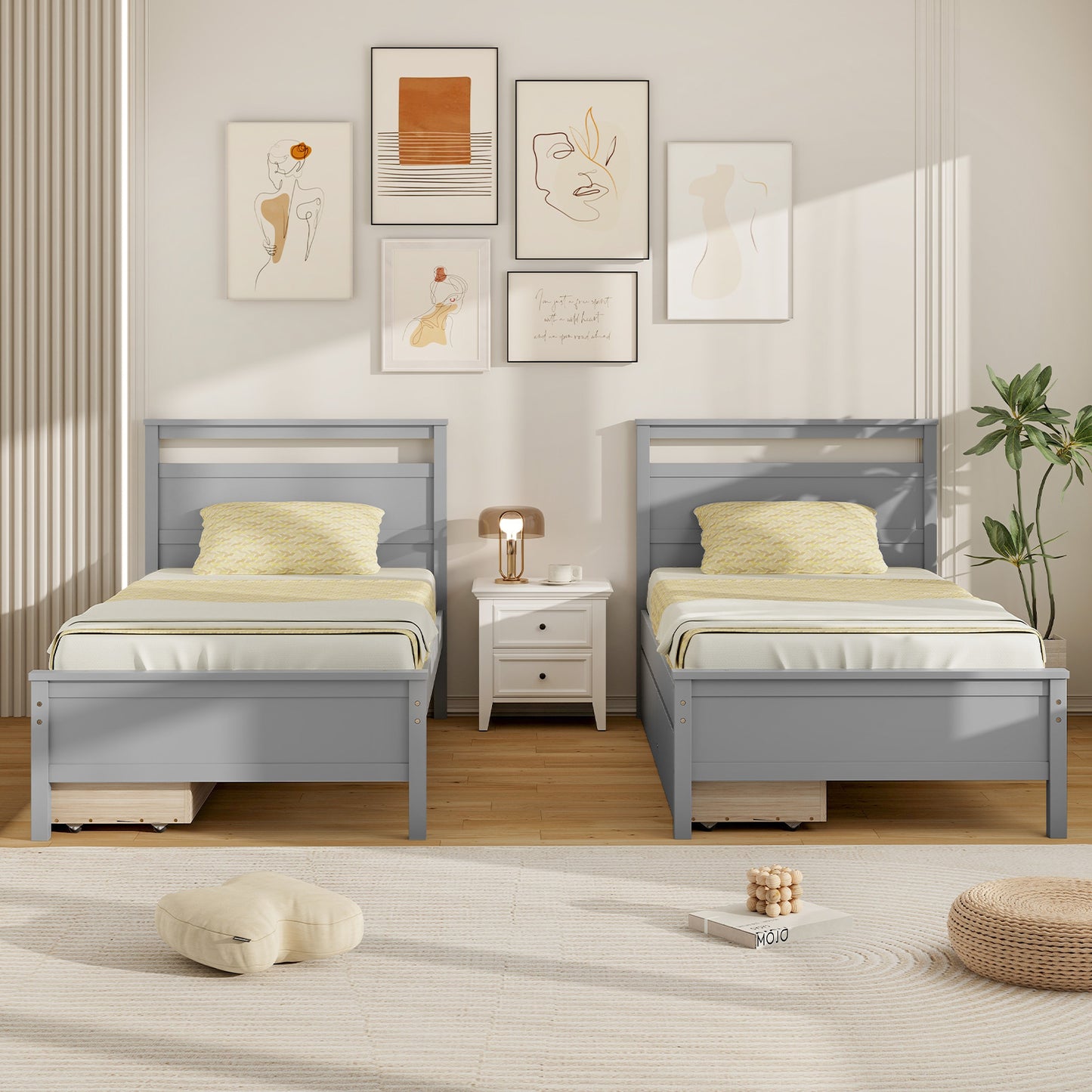 Twin Size Wooden Bed Frame with 2 Drawers for Teens and Adults