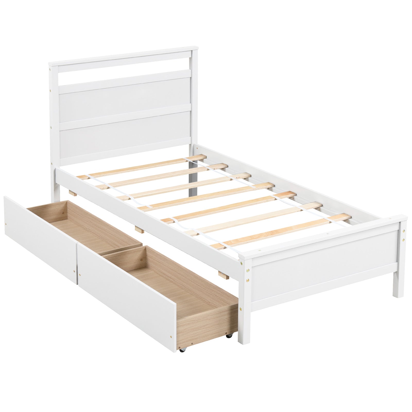 Twin Size Wooden Bed Frame with 2 Drawers for Teens and Adults-White - White