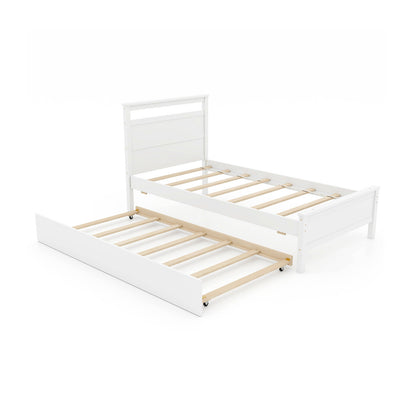 Twin Size Wooden Bed Frame with Trundle for Teens and Adults-White - White