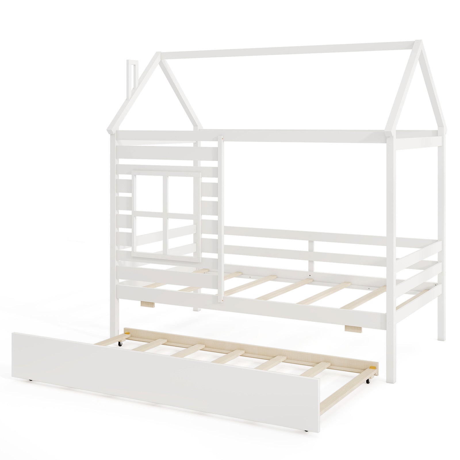 Twin Size Wooden Platform House Bed with Trundle and Roof-White - White