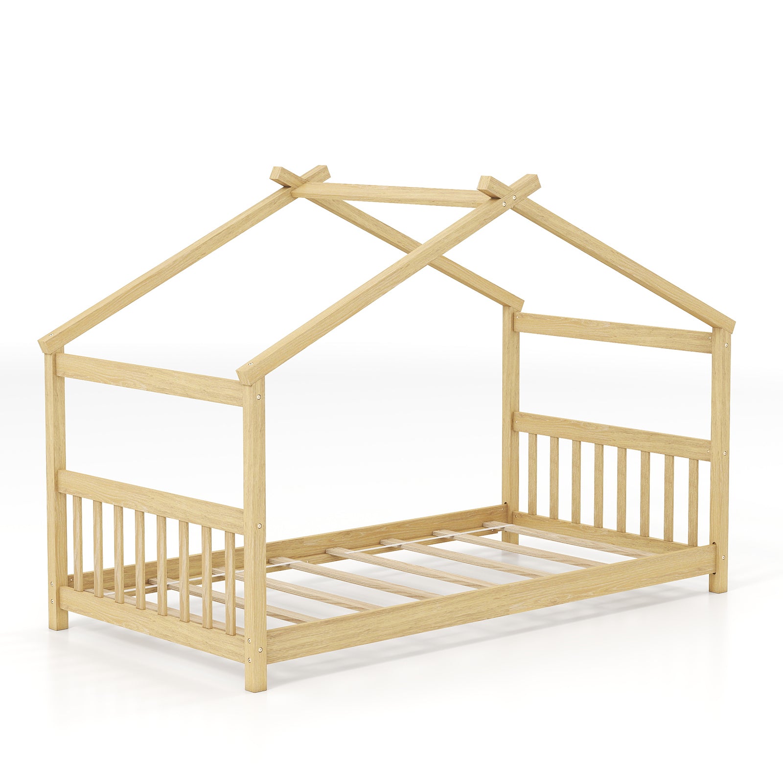 Twin Size Wooden House Bed with Roof-White - Natural