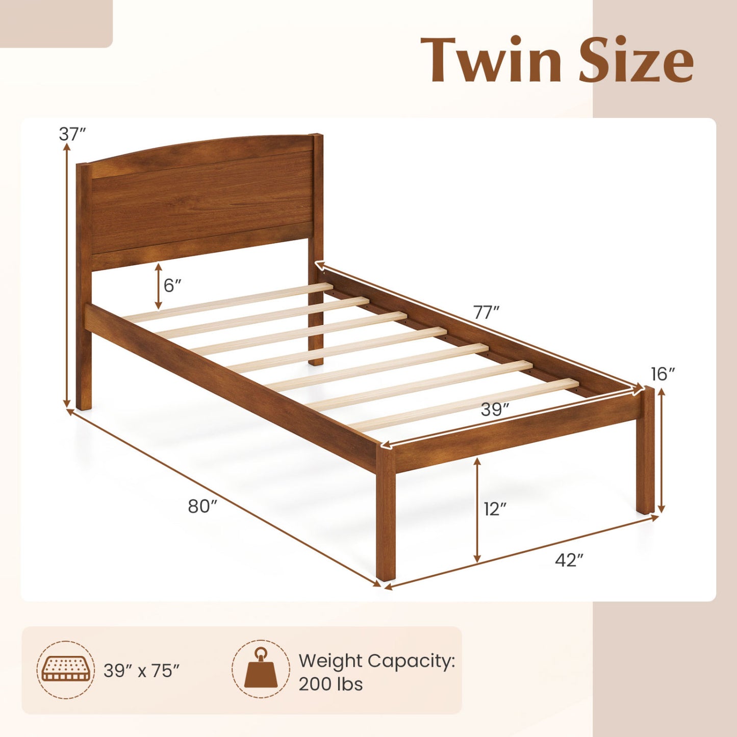 Twin Platform Bed Frame with Curved Headboard
