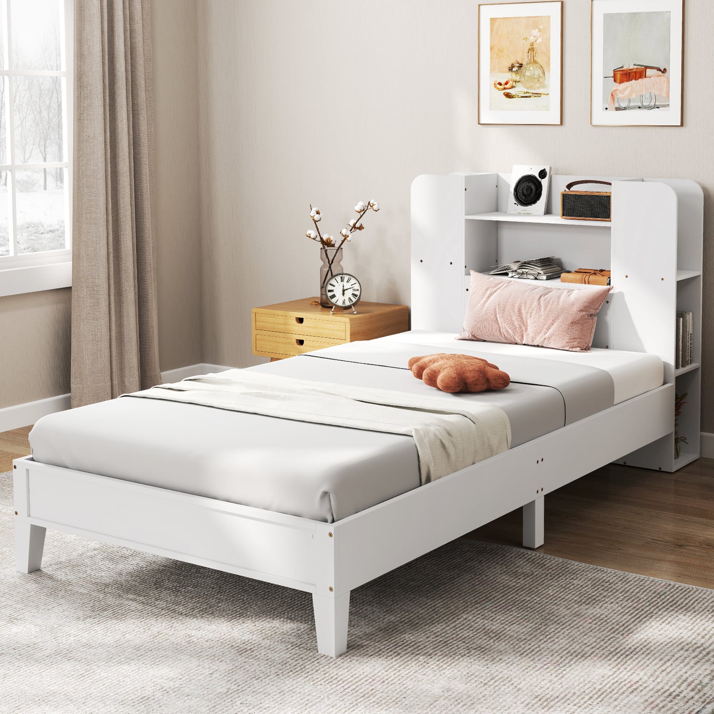 Twin Size Wooden Platform Bed Frame with Bookcase Headboard-White - White
